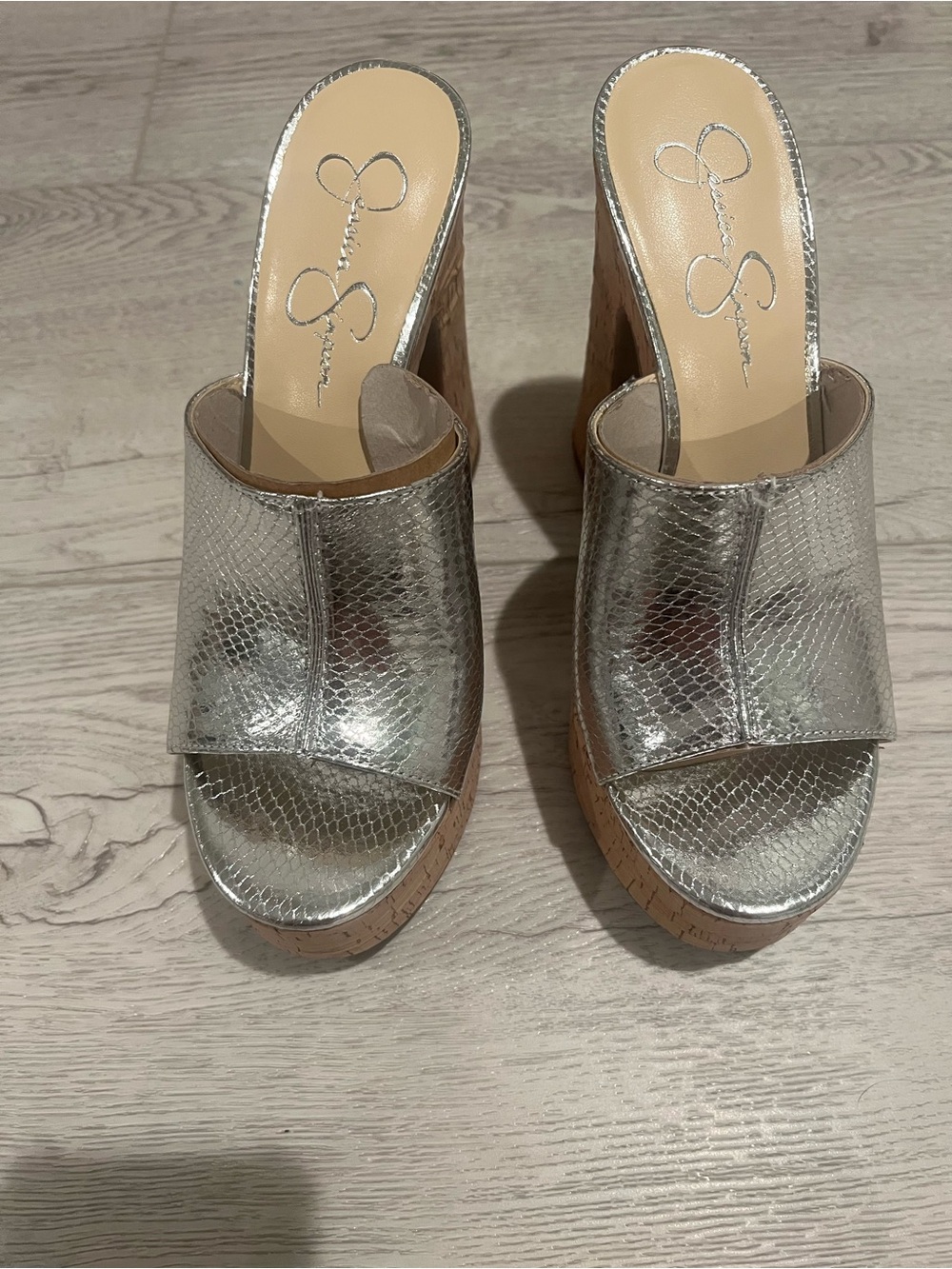 Jessica Simpson XONA Metallic Silver Snake-Texture Cork Wedge Mules
